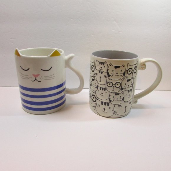 set of 2 kitty mugs Parker Lane stripe cat and embossed cat face cup lot - Picture 1 of 8